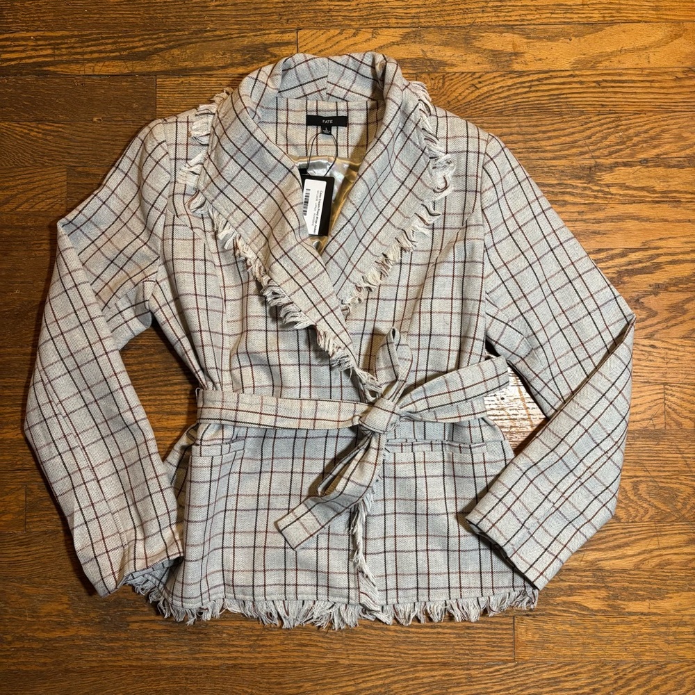 NWT FATE Grey Plaid Wrap Jacket Large Tweedy Fringe with Belt